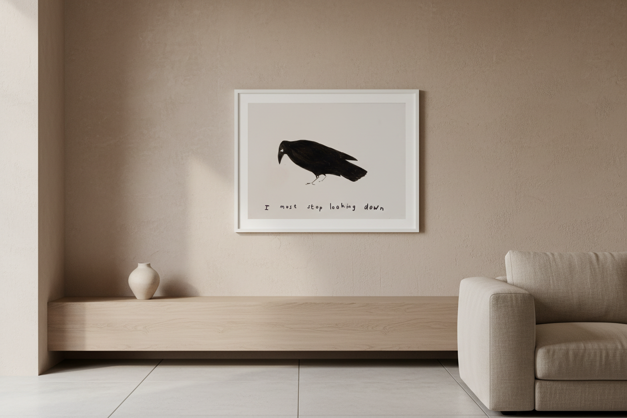 I Must Stop Looking Down art print framed on a gallery wall