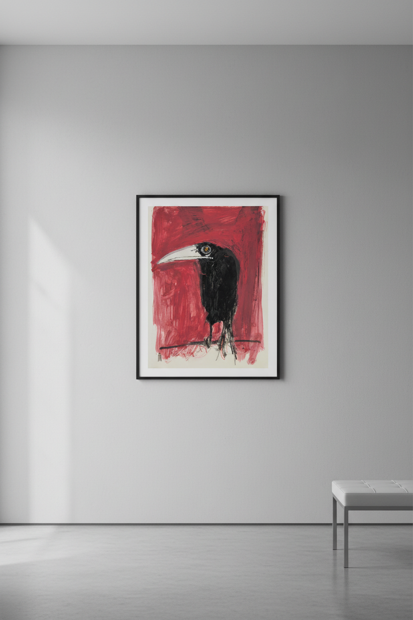 Murder Crow art print in thin black frame on grey wall