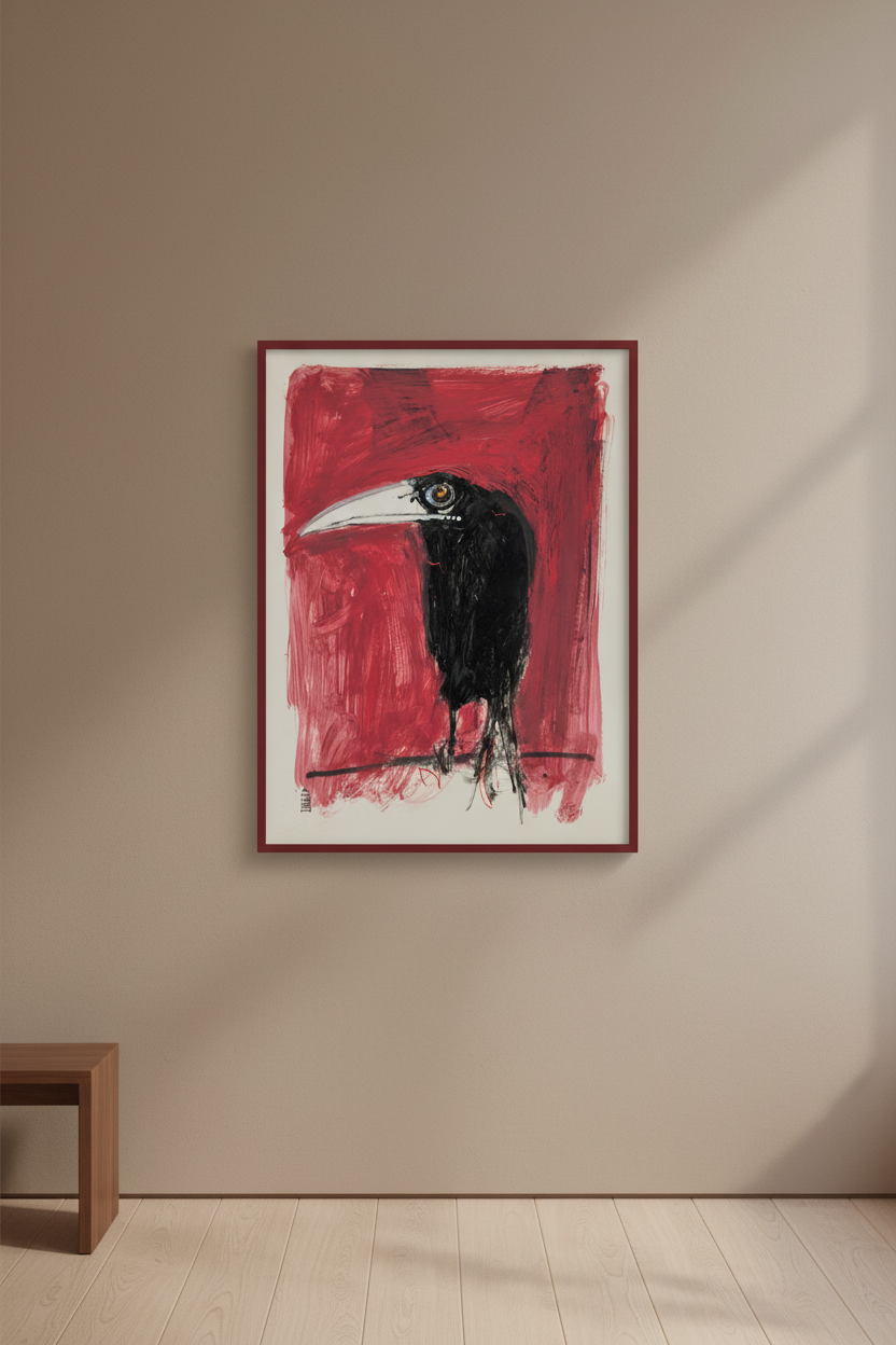 Murder Crow art print in thin red frame on neutral wall