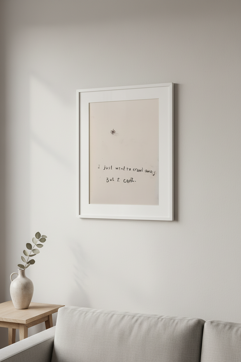 I Just Want To Crawl Away art print framed on a gallery wall